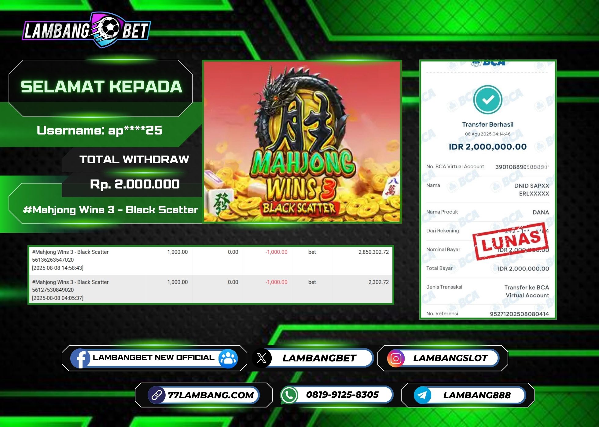 LAMBANGBET [8 AUGUST 2025] JACKPOT SLOT Mahjong Wins 3 - Black Scatter "Rp2.000.000" LUNAS